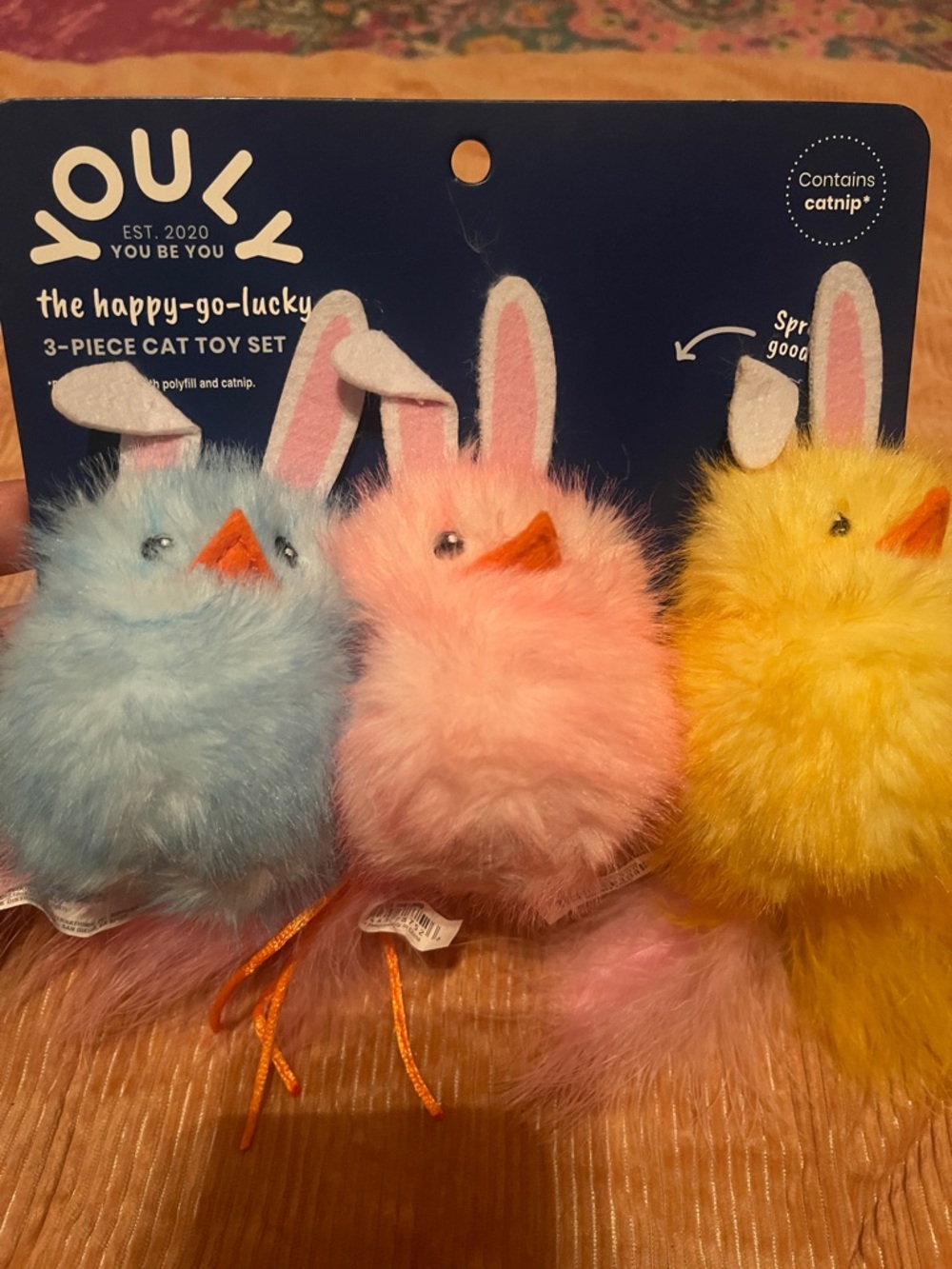 Youly Happy-Go-Lucky Plush Cat Toy Set - Blue, Pink & Yellow - 3-Pack